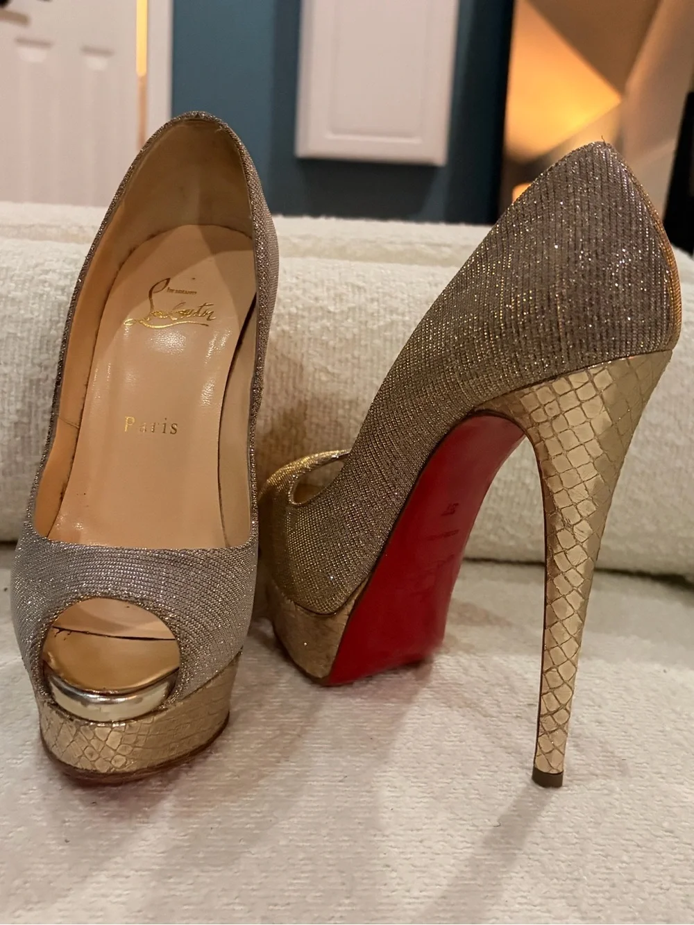 Christian Louboutin Gold /Silver Glitter Lady Peep Platform Stilettos